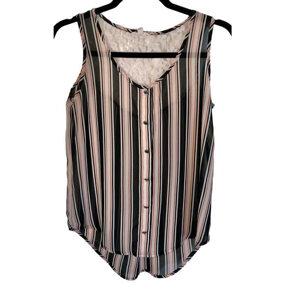 Mine Striped Sleeveless Flowy Blouse Lace Back Black White Pink Size Small - Picture 1 of 5